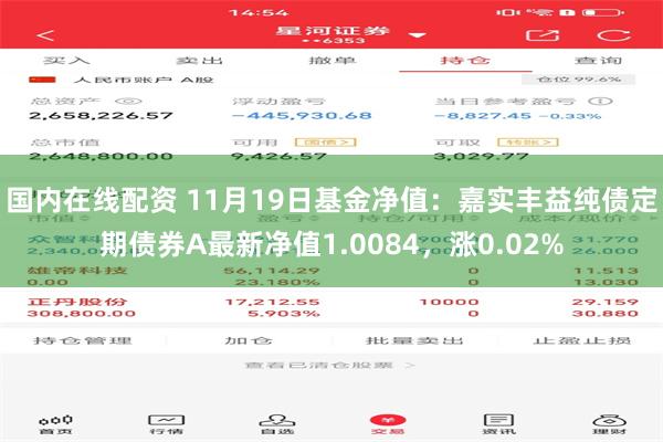 国内在线配资 11月19日基金净值：嘉实丰益纯债定期债券A最新净值1.0084，涨0.02%